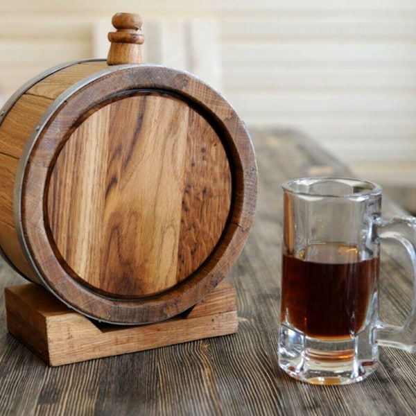 Personalized Oak Whiskey aging Barrel [2 Liters] — 8" Wood Canteen with Stand