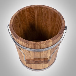 Wooden Oak Bucket 15L Sauna Accessories / Round Water Pail with Handle Traditional Cooperage Rustic Whiskey Barrel image 3