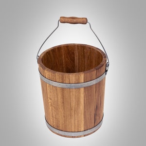 Wooden Oak Bucket 15L Sauna Accessories / Round Water Pail with Handle Traditional Cooperage Rustic Whiskey Barrel image 2