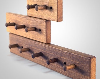 Coat Rack — Oak Wood Wall mount Hook Rail with Wooden Pegs — Handcrafted Natural Decor