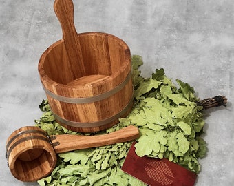 Wooden Sauna Bucket & Wooden Sauna Scoop [SET-2] Oak Ladle and Small Wash Tub with Handle for Russian Bath / Sauna accessories - Gift Idea