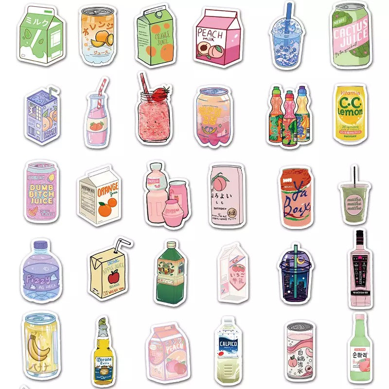 50 Pcs Kawaii Drink Stickers Pack Aesthetic Juice Asian Anime Cute