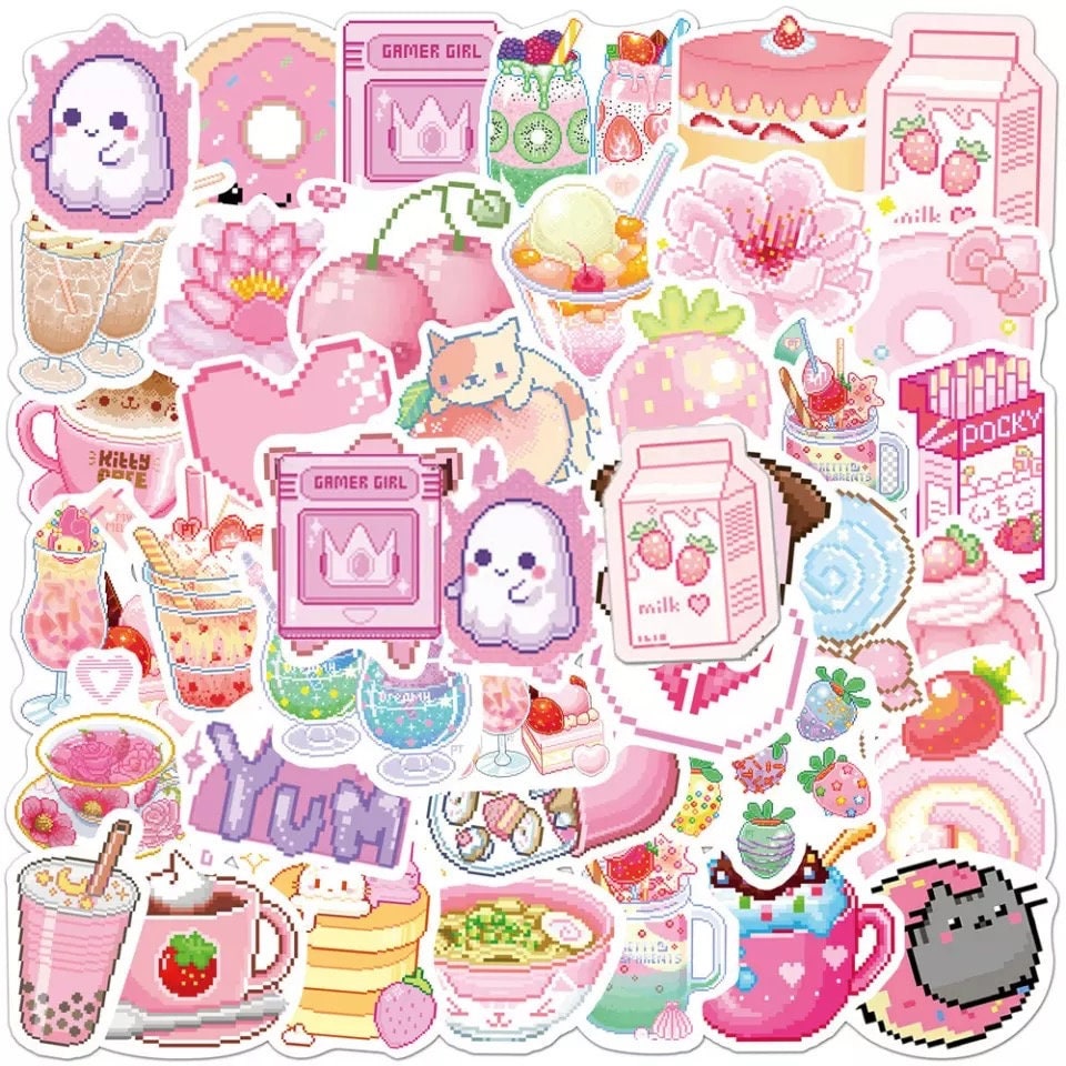 50 Pcs Cute Kawaii Pink Sticker Pack Pixelated Kawaii Stickers Pack Girl  Stickers Kids Teens Cartoon Anime Graffiti Drink Food Stickers 