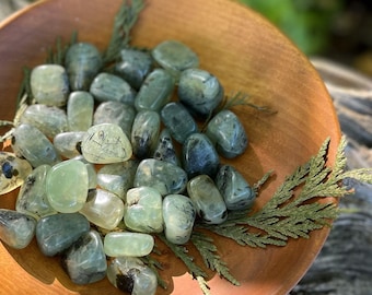 Prehnite with epidote tumbled stone for vision and dream work, earthy green and black positive energy crystal