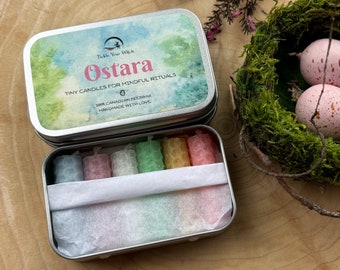 Ostara beeswax candle kit for intention setting, Wheel of the Year mini spell candles for spring equinox rituals