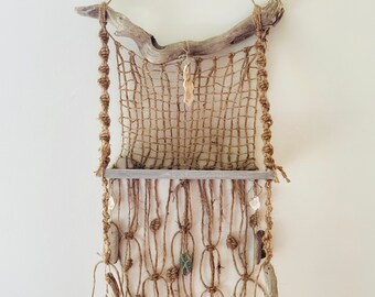 Boho driftwood and macrame wall shelf made from beach finds with shells and beach glass