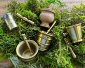 Miniature mortar and pestles, vintage brass and wood dollhouse, fairy house or diorama accessories, mini apothecary