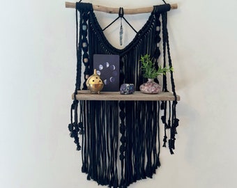 Little black dress macrame wall shelf with crystals, boho wall decor for fashionistas