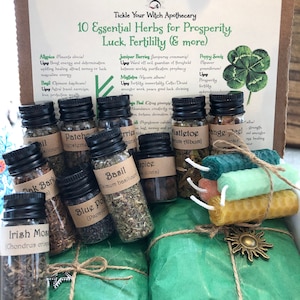 Prosperity Herb Kit for rituals, incense, tea and spell jars, 10 botanicals in glass bottles with optional beeswax candles