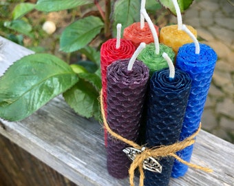 Chakra candles, beeswax, set of 7 rainbow taper candles for meditations and intention setting