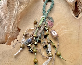 Green Witch Bells, home protection door charm with symbolic nature talismans and intention bottle