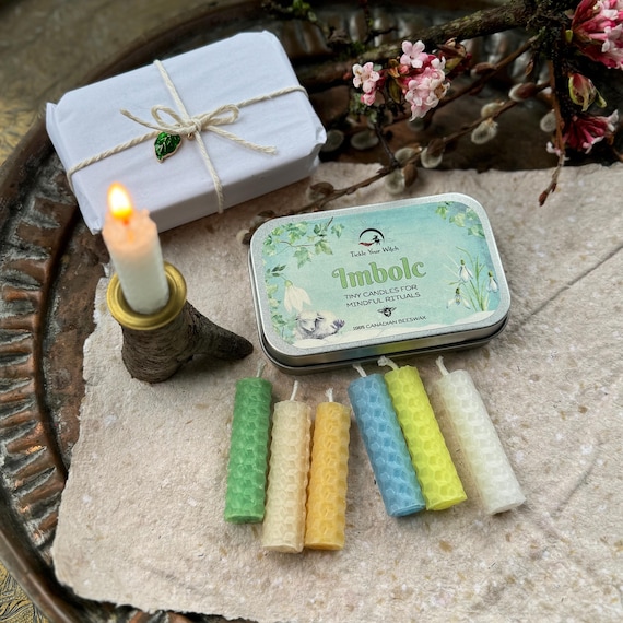 Imbolc beeswax candle kit for rituals and intention setting, Wheel of the Year mini spell candles