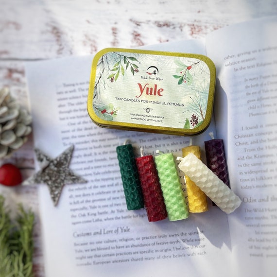 Yule Beeswax Mini Candles in gold tin for sabbat intention setting