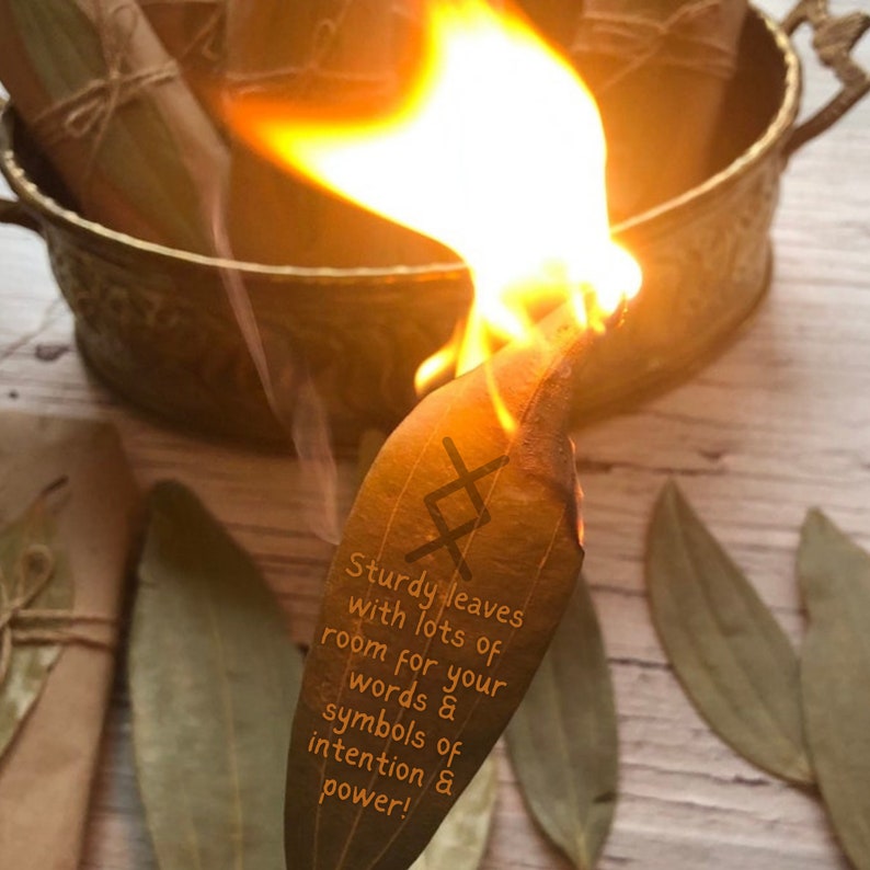 May include: A close-up of a burning bay leaf with a symbol drawn on it. The leaf is on a wooden surface with other bay leaves. The text "Sturdy leaves with lots of room for your words & symbols of intention & power!" is superimposed on the image.