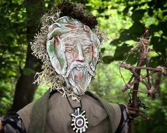 Green Man spirit doll, forest guardian clay and wood fantasy art figure for pagans and nature lovers