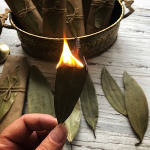 May include: A hand holds a dried bay leaf that is on fire. The leaf is surrounded by other dried bay leaves on a white wooden surface. A bowl of dried bay leaves is in the background.
