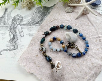 Sea witch pagan prayer beads, water element meditation and ritual tool with crystal beads and symbolic charms