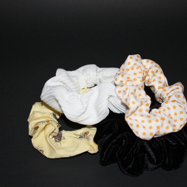 Yellow, Black and White Honeypot Scrunchie Collection, Hair Accessories, Hair tie, Yellow, Textured White, Bee, Velvet, Polka Dot