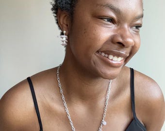 Pink Beaded Necklace, Silver Chain Necklace, Chain Necklace, Unique Necklace