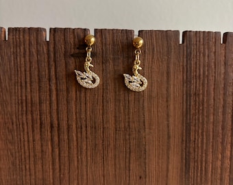 Gold Cubic Zirconia Swan Earrings, Stainless Steel Gold Studs, Gift for Her