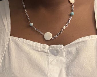 Silver Freshwater Pearl Chain Necklace, Freshwater Pearl Beads, Blue Jasper Beads, Hand-Assembled Necklace
