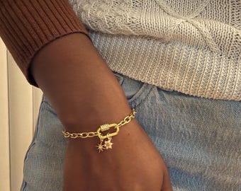 Gold Star & Snowflake Chain Bracelet, Gold Necklace with Carabiner, Bracelet with Magnetic Clasp, Everyday Bracelet, Gifts for Her