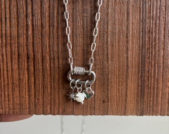 Silver Charms Necklace, Silver Heart Charm, Silver Star Charm, Freshwater Charm, Necklace with Carabiner