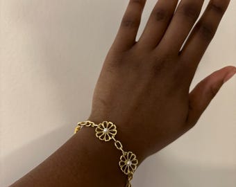 Gold Flower Charm Bracelet, Golden Flower with Pearl Charms, Necklace with Magnetic Clasp