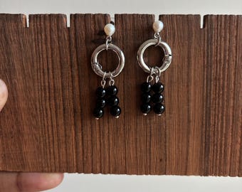 Silver Pearl Black Beaded Earrings, Dangling Earrings, Carabiner Earrings