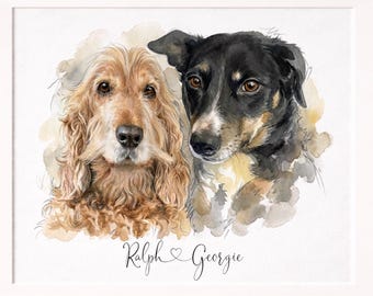 Custom Pet Portrait, Multiple Cats, Multiple Dogs Print, Painting Watercolour style, Custom Drawing Multiple Pet, unframed Christmas Art