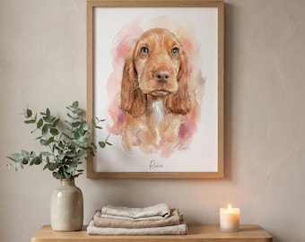 Custom Pet Portrait from Photo – Personalised Dog or Cat Watercolour Painting – Pet Memorial Gift