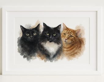 Custom Watercolour Cat Portrait | Personalised Pet Painting from Photo | Cat Memorial Gift | A4 Pet Art Print | Watercolour Illustration