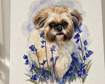 Custom Floral Dog or Cat Portrait – Hand Drawn Watercolour Pet Art Print from Photo | Personalised Memorial Gift | Keepsake