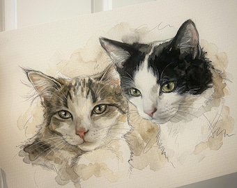 Custom Watercolour Cat Portrait Personalised Multi-Cat Artwork from Photo