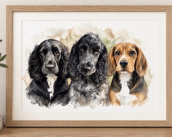 Custom Pet Portrait – Multiple Dogs or Cats | Watercolour Style Pet Painting from Photo | Unframed Artwork Gift Up To 4 Dogs.