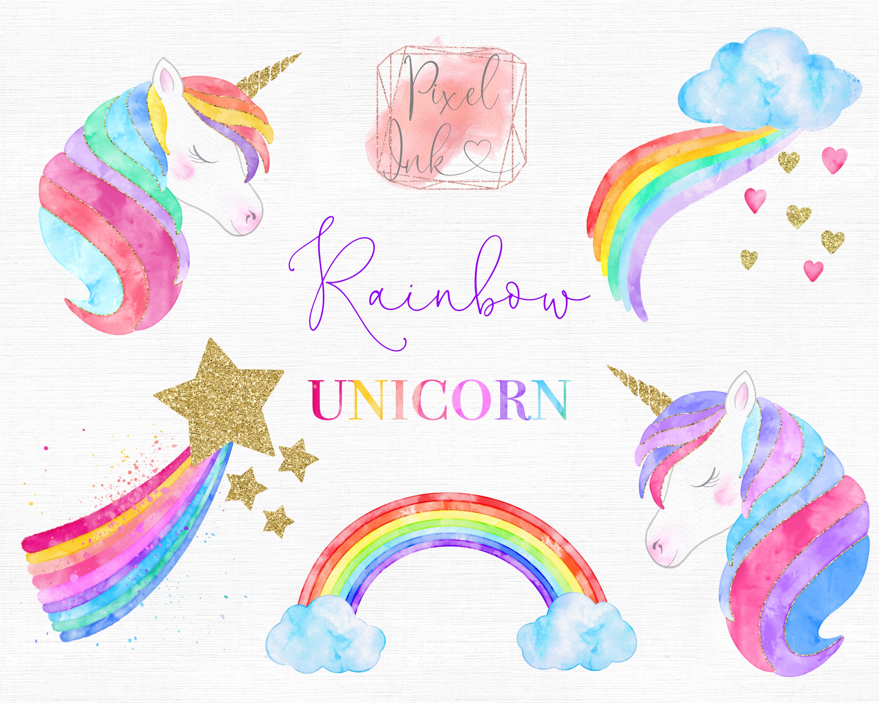 Watercolour Unicorn Clipart Rainbow Png Instant Download Etsy
