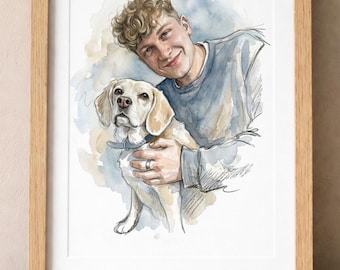 Retrato personalizado de mascota y dueño en acuarela • Impresión artística pintada a mano