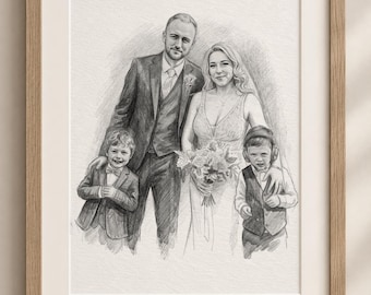 Custom Pencil Sketch Portrait from Photo, Personalised Family Drawing, Digital Artwork for Up to 6 People