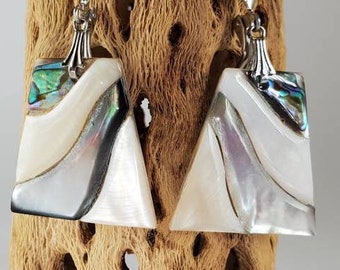 Abalone Mother of Pearl geometric earrings, Paua Shell Art Deco style inlay big statement jewelry iridescent blue green grey white
