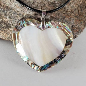 Large Abalone and mother of pearl inlay heart pendant, multi color iridescent white nacre, large statement beach tropical jewelry.