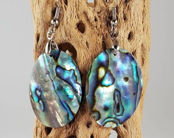 Small oval abalone shell earrings, made with beautiful blue green paua shells dangling earrings