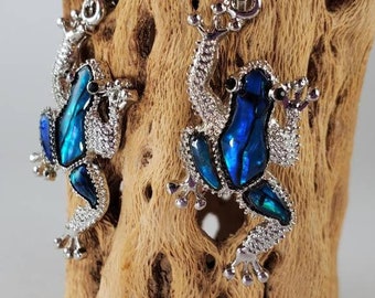 Abalone frog earrings, silver-plated Paua Shell blue green tropical beach jewelry animal amphibian lover gift