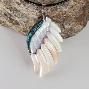 Abalone Mother of Pearl Angel Wing inlay pendant, carved shell memorial consolation loss gift jewelry, blue green white iridescent nacre
