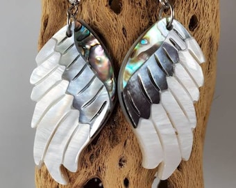 Abalone Mother of Pearl Angel Wing earrings, Paua Shell inlay bird wing large big earrings, iridescent blue green grey white