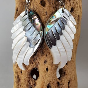 Abalone Mother of Pearl Angel Wing earrings, Paua Shell inlay bird wing large big earrings, iridescent blue green grey white