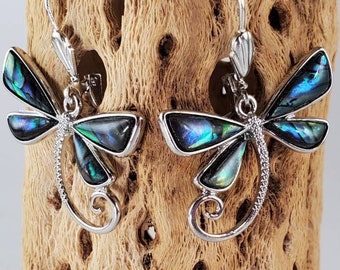 Abalone dragonfly earrings, silver-plated Paua Shell blue green tropical beach jewelry