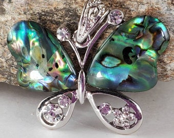 Abalone Butterfly pendant, Rhinestone Crystal Paua Shell blue green tropical beach jewelry