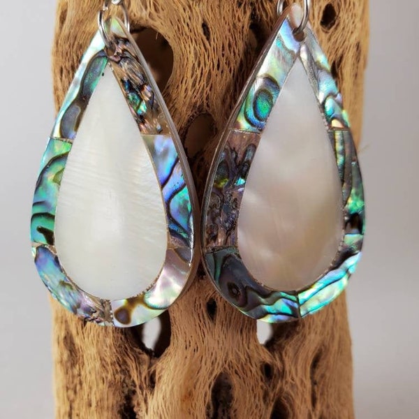 Abalone Mother of Pearl teardrop earrings, Paua Shell inlay iridescent blue green white large statement earrings