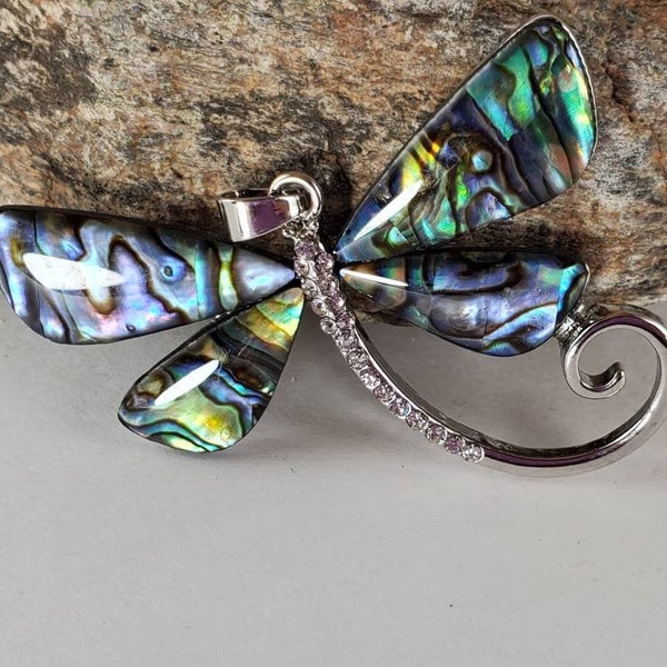 Abalone dragonfly pendant, silver-plated Paua Shelll iridescent blue green crystal rhinestone tropical beach jewelry