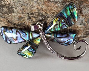 Abalone dragonfly pendant, silver-plated Paua Shelll iridescent blue green crystal rhinestone tropical beach jewelry